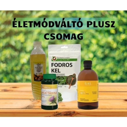 ÉLETMÓDVÁLTÓ PLUSZ CSOMAG (Testszerviz Fodroskelpor, Testszerviz Bio Almaecet 500ml, Vitaking Máriatövis kapszula, GAL Q10 koenzim+MCT-olaj)